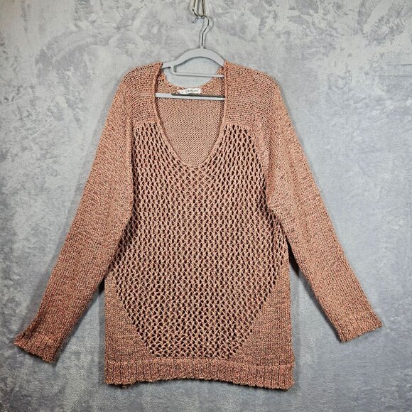 Maurices Sweater Tunic Womens XL  Pink Tan Ribbon loose knit Layer Hippie boho - Picture 1 of 9
